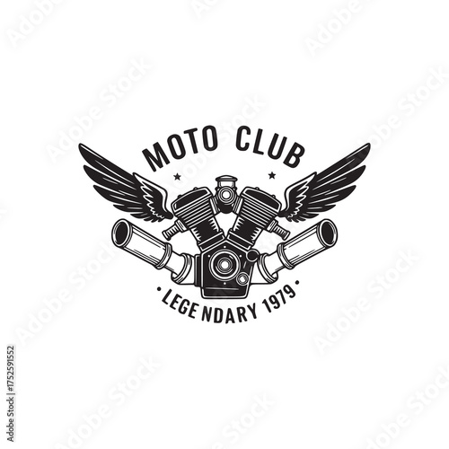 Classic black and white motorcycle club logo with wings and engine