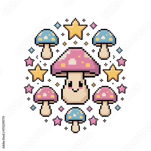 Pixel mushroom kingdom emblem, crowned cap with stars, magical retro icon, adorable platformer vibe, charming gamer collectible