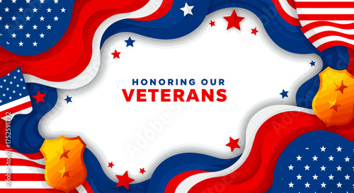 Honoring Our Veterans Background – Patriotic Red White Blue Design with American Flag and Stars