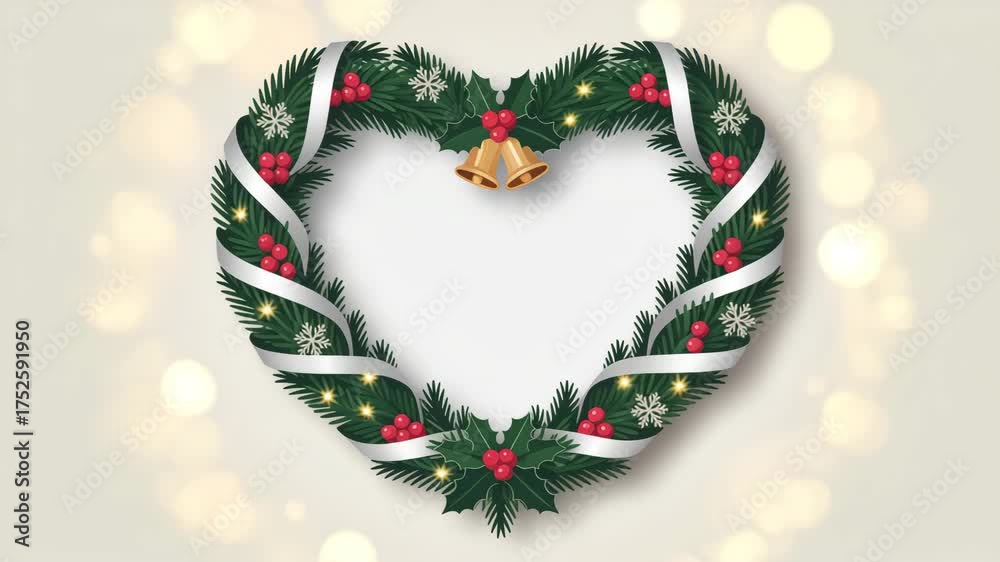 Festive heart-shaped holiday wreath featuring evergreen branches, red holly berries, and sparkling golden bells.4k hd video download