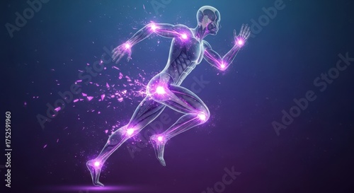 Abstract glowing human figure running with joint pain visualization technology digital art