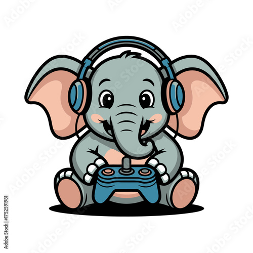 elephant gamer holding controller, big ears headphones, charming pet companion, friendly esports vibe, adorable animal character, vector artwork