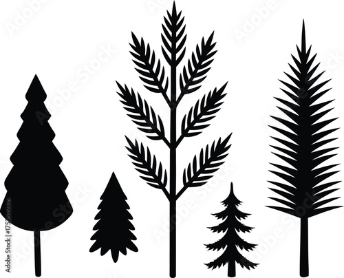 Christmas spruce branch silhouette set. Larch, Pine, spruce branch, evergreen tree, fir, vector icon. Fir Branch Silhouette Black White Vector Illustration.