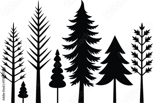 Christmas spruce branch silhouette set. Larch, Pine, spruce branch, evergreen tree, fir, vector icon. Fir Branch Silhouette Black White Vector Illustration.