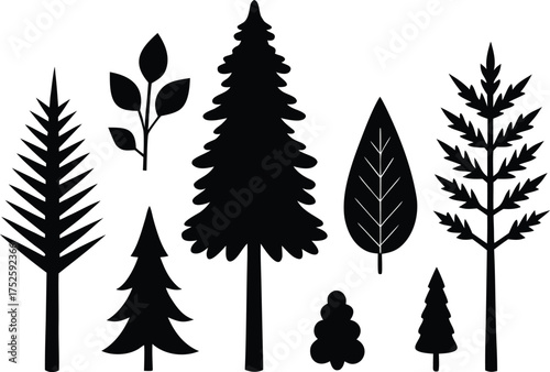 Christmas spruce branch silhouette set. Larch, Pine, spruce branch, evergreen tree, fir, vector icon. Fir Branch Silhouette Black White Vector Illustration.