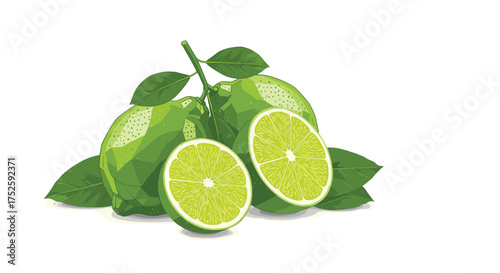 Fresh green limes with leaves and cut in half.