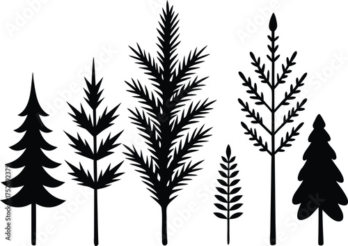 Christmas spruce branch silhouette set. Larch, Pine, spruce branch, evergreen tree, fir, vector icon. Fir Branch Silhouette Black White Vector Illustration.