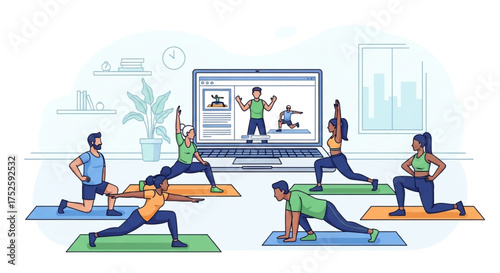 Online fitness class concept with group of people doing exercise at home with trainer on laptop screen, vector illustration