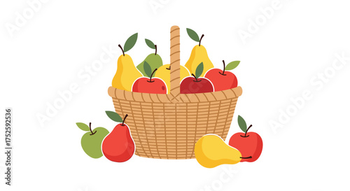 A wicker basket brimming with fresh ripe apples and pears is displayed outdoors surrounded by more fallen fruit on a bright sunny day.