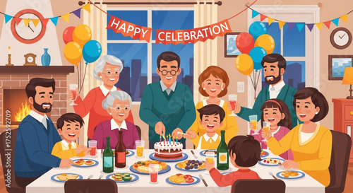 A joyous family celebration with multiple generations gathered around a festive table, sharing food, drinks, and laughter in a decorated home