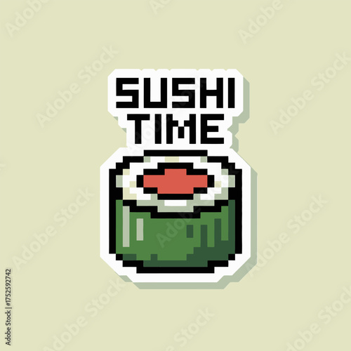 sushi time sticker label, pixel art sushi roll, green background, kawaii food icon, retro 8 bit illustration