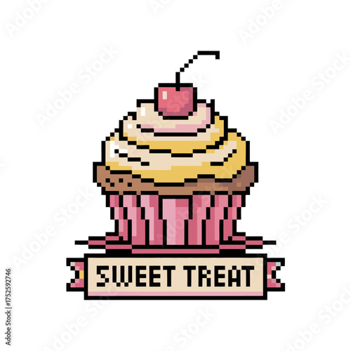 vintage pixel cupcake, cherry on top, sweet treat ribbon label, cute bakery logo, nostalgic dessert graphic, vector