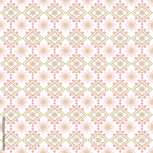Soft pink and beige floral geometric pattern vector on elegant white background, classic and modern fusion design, perfect for fabric, textile, ceramic tile, wallpaper, and decorative surface art