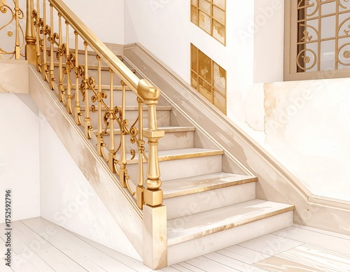 Luxurious classic staircase interior featuring ornate gold gilded railing balustrade and soft beige marble steps in an elegant mansion