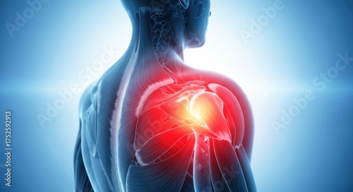 Close-up of human shoulder with glowing red pain highlighting the rotator cuff injury and inflammation
