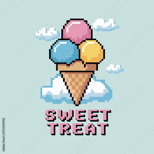 sweet treat message, pixel ice cream cone, clouds sky backdrop, candy colors, playful dessert graphic, retro 8 bit