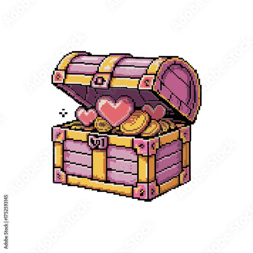 Pixel treasure chest with hearts, golden coins, fantasy loot box, cute game reward, kawaii retro illustration design