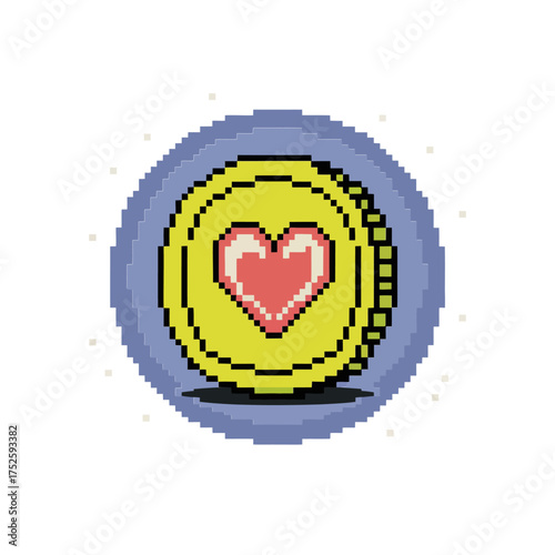 Round pixel coin with heart center, vintage arcade economy, cute currency symbol, minimalist 8 bit icon