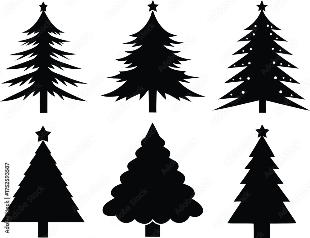 Obraz premium Christmas Tree Vector Set - Elegant Evergreen Illustration. Stylized Christmas Trees Vector Isolated on White Background