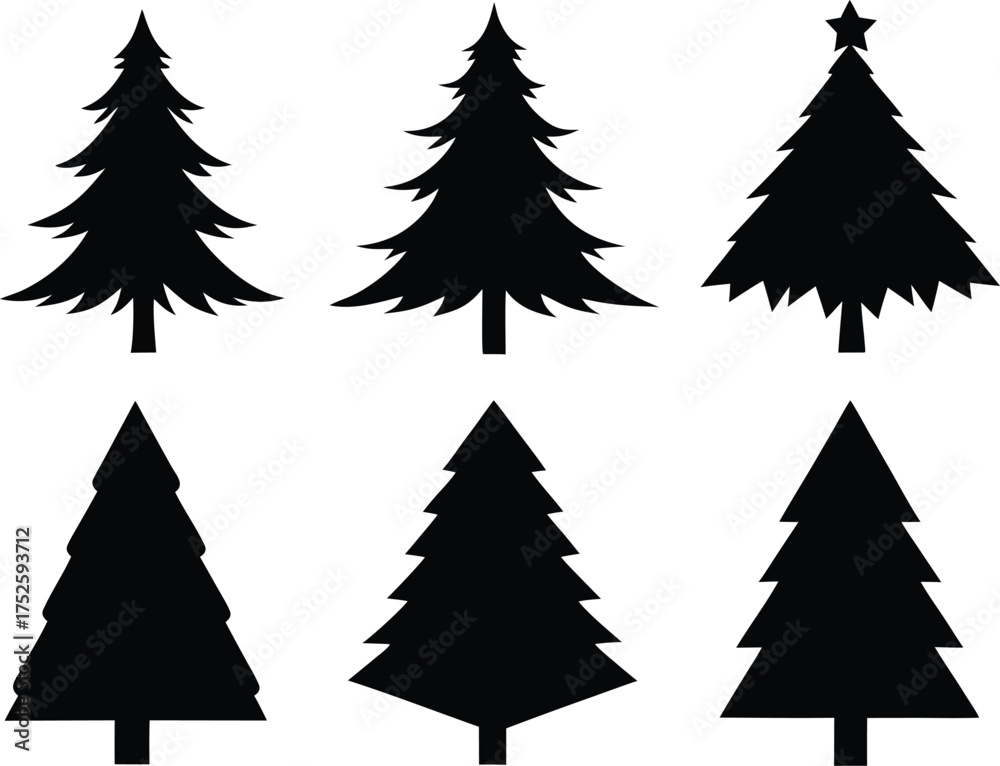 Obraz premium Christmas Tree Vector Set - Elegant Evergreen Illustration. Stylized Christmas Trees Vector Isolated on White Background