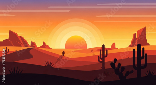 Vibrant desert landscape at sunset, featuring iconic cacti and sandstone formations, bathed in warm hues, creating a serene and picturesque scene