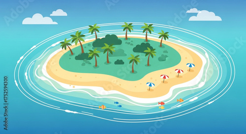 A serene tropical island with swaying palm trees, pristine sandy beach, and crystalclear turquoise water, creating a tranquil paradise for relaxation and escape