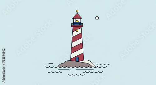 A charming illustration of a red and white striped lighthouse standing proudly on a rocky outcrop, with gentle waves lapping at its base on a light blue background