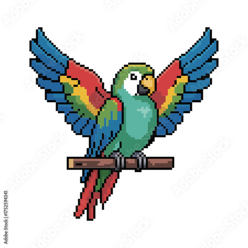 Tropical parrot pixel art, wings spread on perch, vibrant feathers, rainforest bird mascot, retro gaming sticker vector