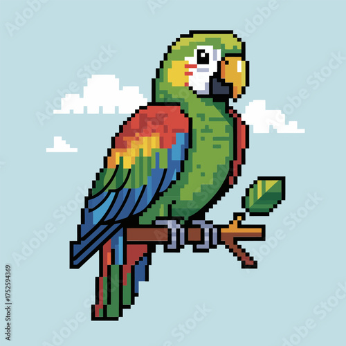 Green parrot pixel sprite on perch, fluffy clouds background, colorful feathers, adorable tropical bird, nostalgic game artwork