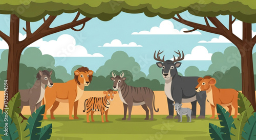 A diverse group of wild animals, including lions, tigers, deer, and zebras, gathered together in a lush green forest, coexisting peacefully in their natural habitat