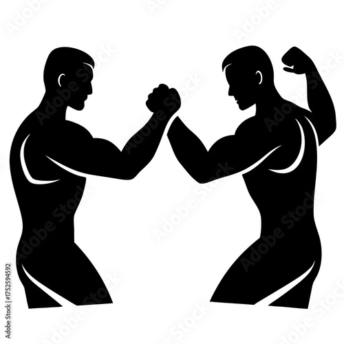 Two Muscular Men Arm Wrestling Vector Illustration in Black and White Minimalist Design