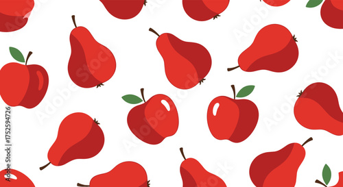 A delightful pattern of red apples and pears scattered across a white background.