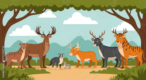 A harmonious gathering of deer and tiger in a serene forest setting, showcasing the beauty of nature and the peaceful coexistence of diverse wildlife species