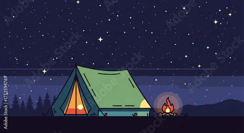 A cozy camping scene under a starry night sky, featuring a tent with warm light and a crackling campfire, evoking a sense of adventure and tranquility