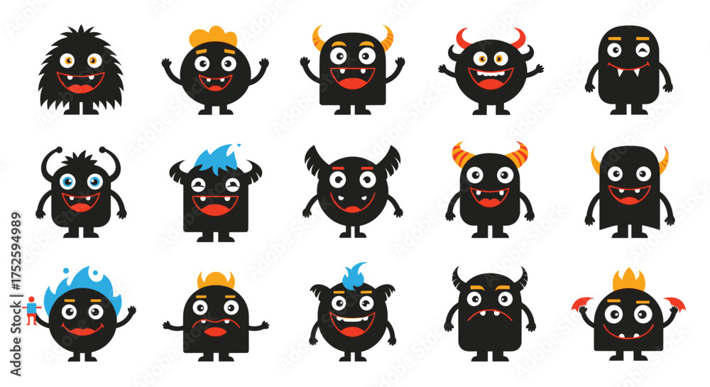 Obraz premium A collection of unique and quirky cartoon monsters with different expressions and accessories.