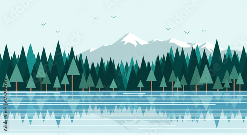 A serene landscape featuring a tranquil lake reflecting a lush forest and majestic mountains, with birds soaring above, creating a peaceful and scenic vista