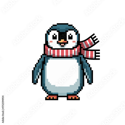 cute pixel penguin with red scarf standing on ice, minimal square layout, vintage arcade nostalgia, kids decor vector