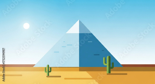 A minimalist desert landscape featuring a pyramid, cactus, and sun, , evoking a sense of mystery and ancient history