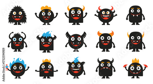 A collection of unique and quirky cartoon monsters with different expressions and accessories.