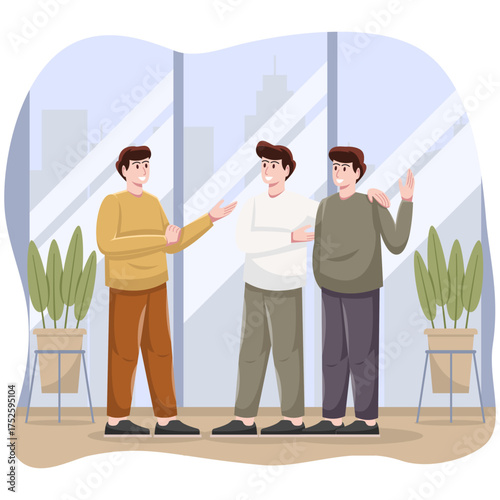 Friendly Business Discussion Between Coworkers in an Office with City Views