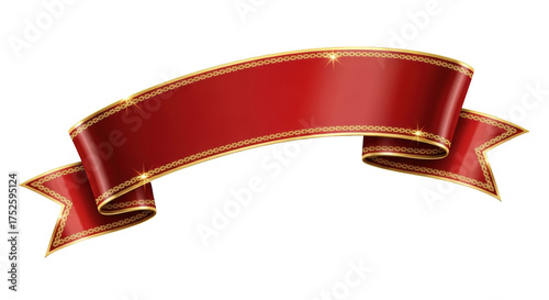 Gambar elegant red and gold ribbon banner dengan detail decorative, scroll, card, sticker, elegant yang menggambarkan.
