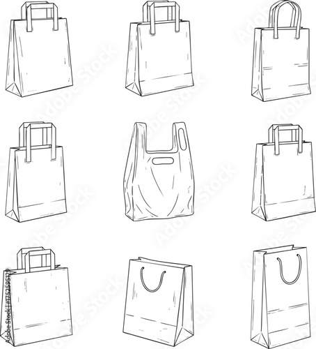 Set of various handdrawn shopping bags including paper and plastic depicted as black and white line art illustrations.