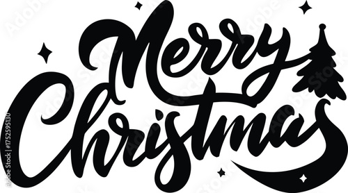 Merry Christmas Brush Typography Black Silhouette on White, Black Silhouette of Merry Christmas Brush Lettering Vector Design