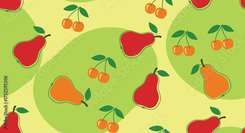 A vibrant collection of red and orange pears alongside bright red cherries scattered across a light yellow background with soft green oval shapes.