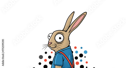 An anthropomorphic rabbit wearing overalls and a blue shirt with wide eyes stares to the left, surrounded by colorful confetti on a white background.
