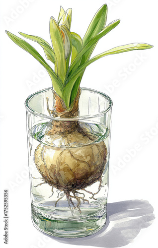 A hand-drawn watercolor illustration of an amaryllis flower bulb in the soil, inside a glass vase