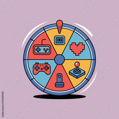 Arcade spinner interface, glossy wheel with console controller icons, gamification concept, bright pastel background, trendy vector artwork