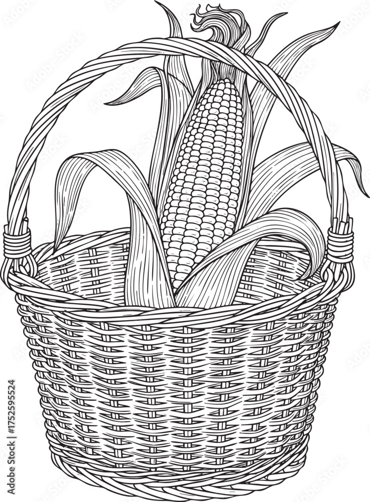 Obraz premium Vintage engraving style illustration of a fresh ear of corn resting in a woven wicker harvest basket.