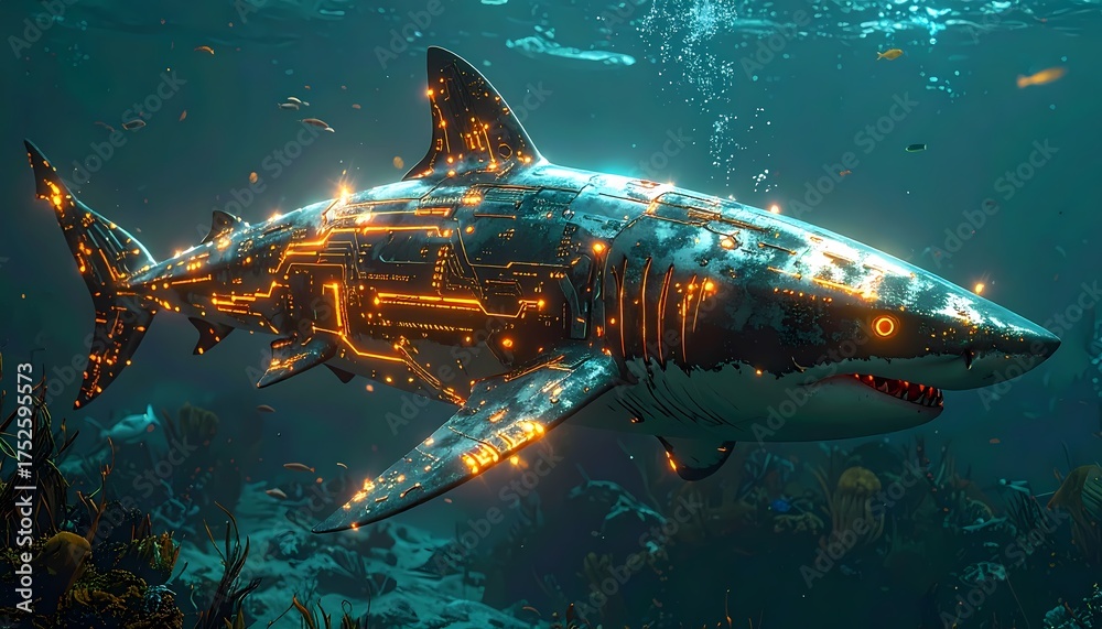 Fototapeta premium Cybernetic Shark Swimming Underwater with Glowing Orange Circuits.