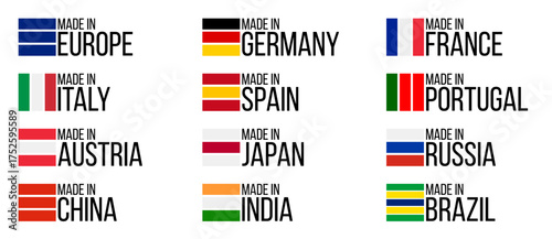 collection 12 symbols made in, european and asian countries vector labels set, national flags quality icon